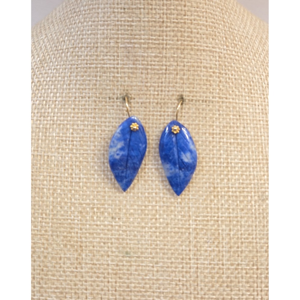 Stunning Hand Carved Lapis Lazuli Leaf & 14k Yellow Gold Dangling Earrings